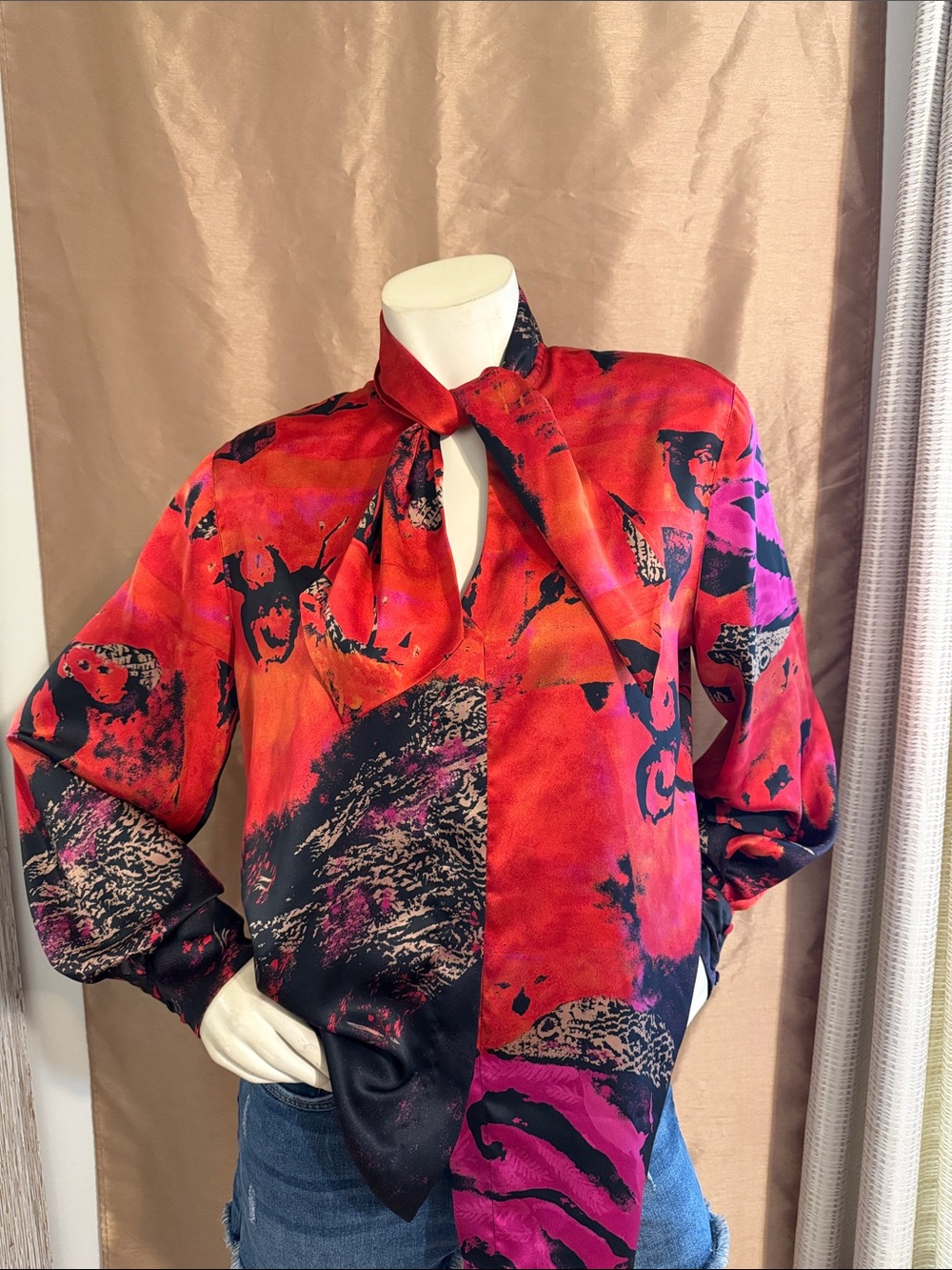 Louis Feraud Red & Black Abstract Tie-Neck Blouse